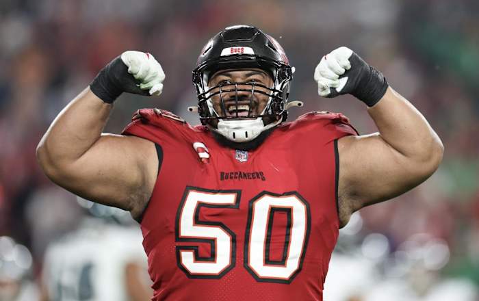 Jan 15, 2024; Tampa, Florida, USA; Tampa Bay Buccaneers defensive tackle Vita Vea (50) reacts after a play against the Philadelphia Eagles during the second half of a 2024 NFC wild card game at Raymond James Stadium. Mandatory Credit: Nathan Ray Seebeck-USA TODAY Sports